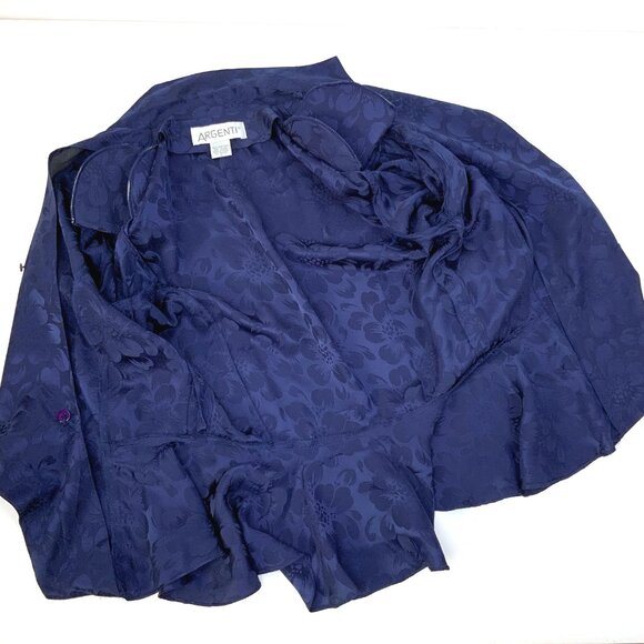 New Vintage Argenti Silk Floral Jacquard  Navy/Purple Peplum Blouse Size 8 - Picture 11 of 16